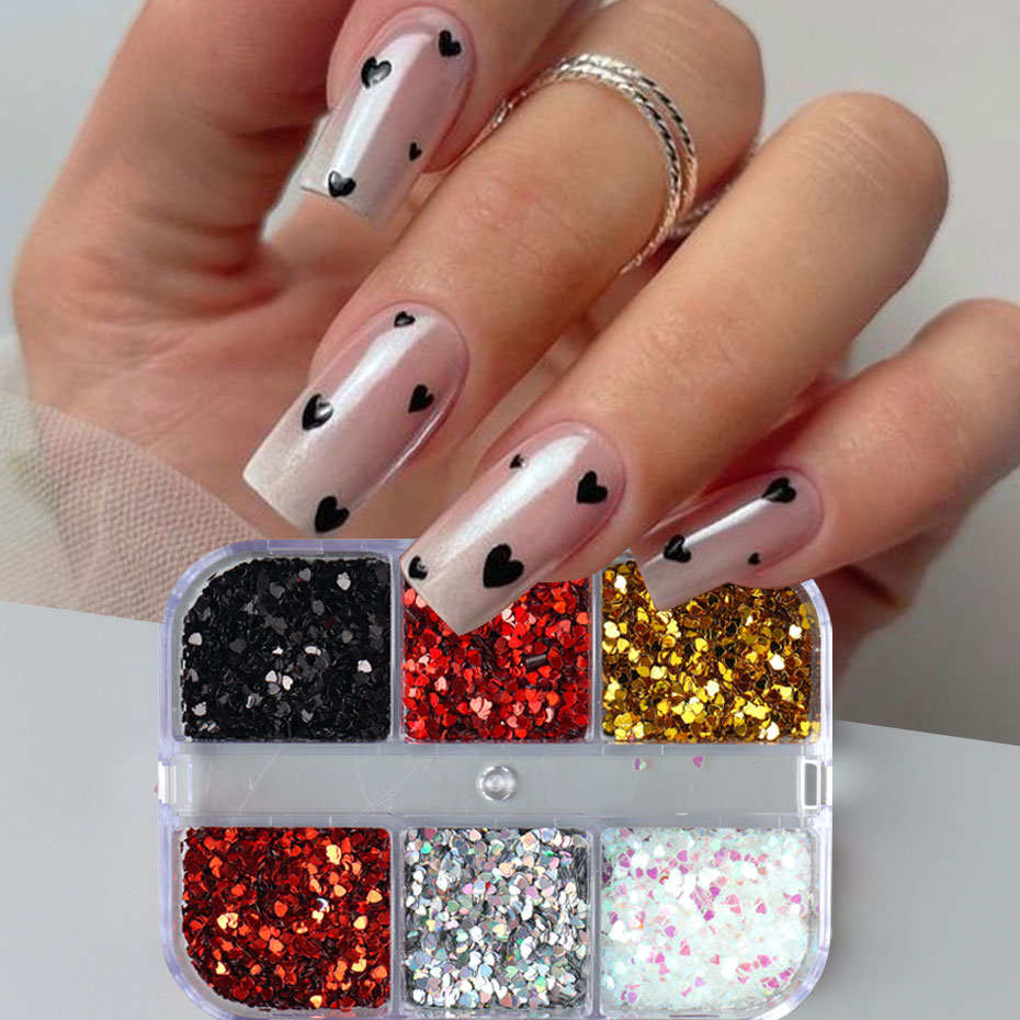6 Grids Y2K Cute Heart Glitter - đánh giá và giá Gold Foil Flakes
